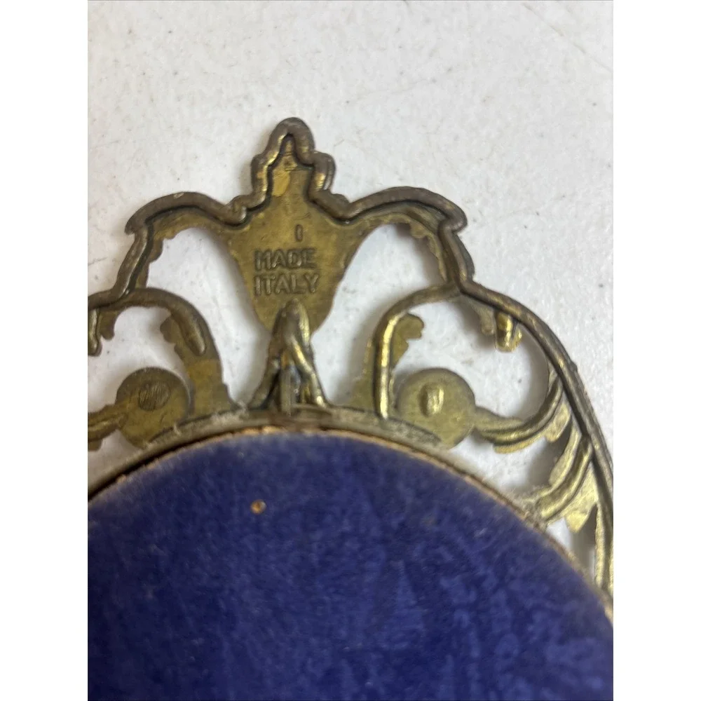 Pair Vintage Oval Metal Ornate Frame Floral Pictured Bubble Glass Made in Italy